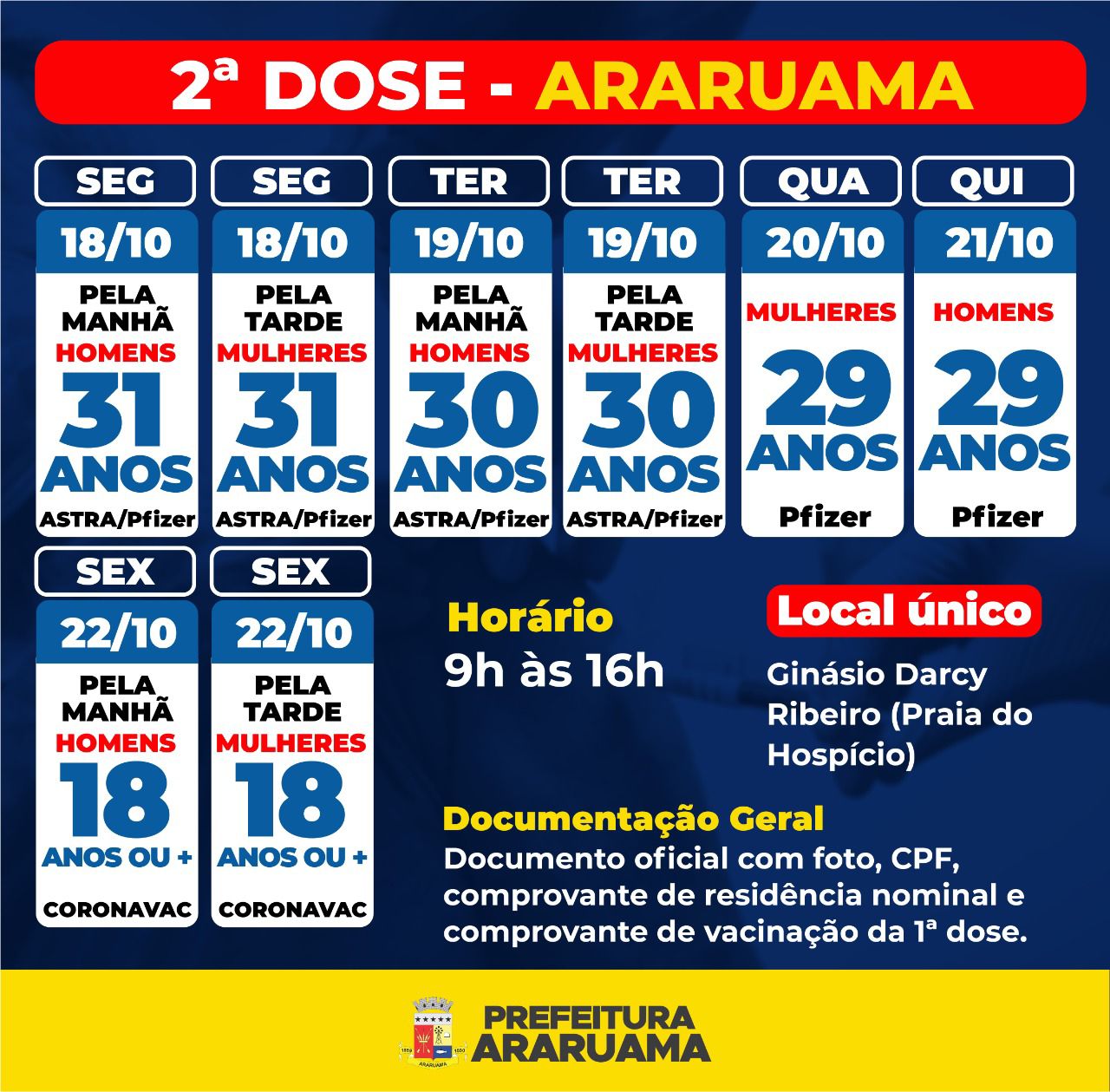 Calendário de vacinação da segunda dose para moradores de Araruama e São Vicente