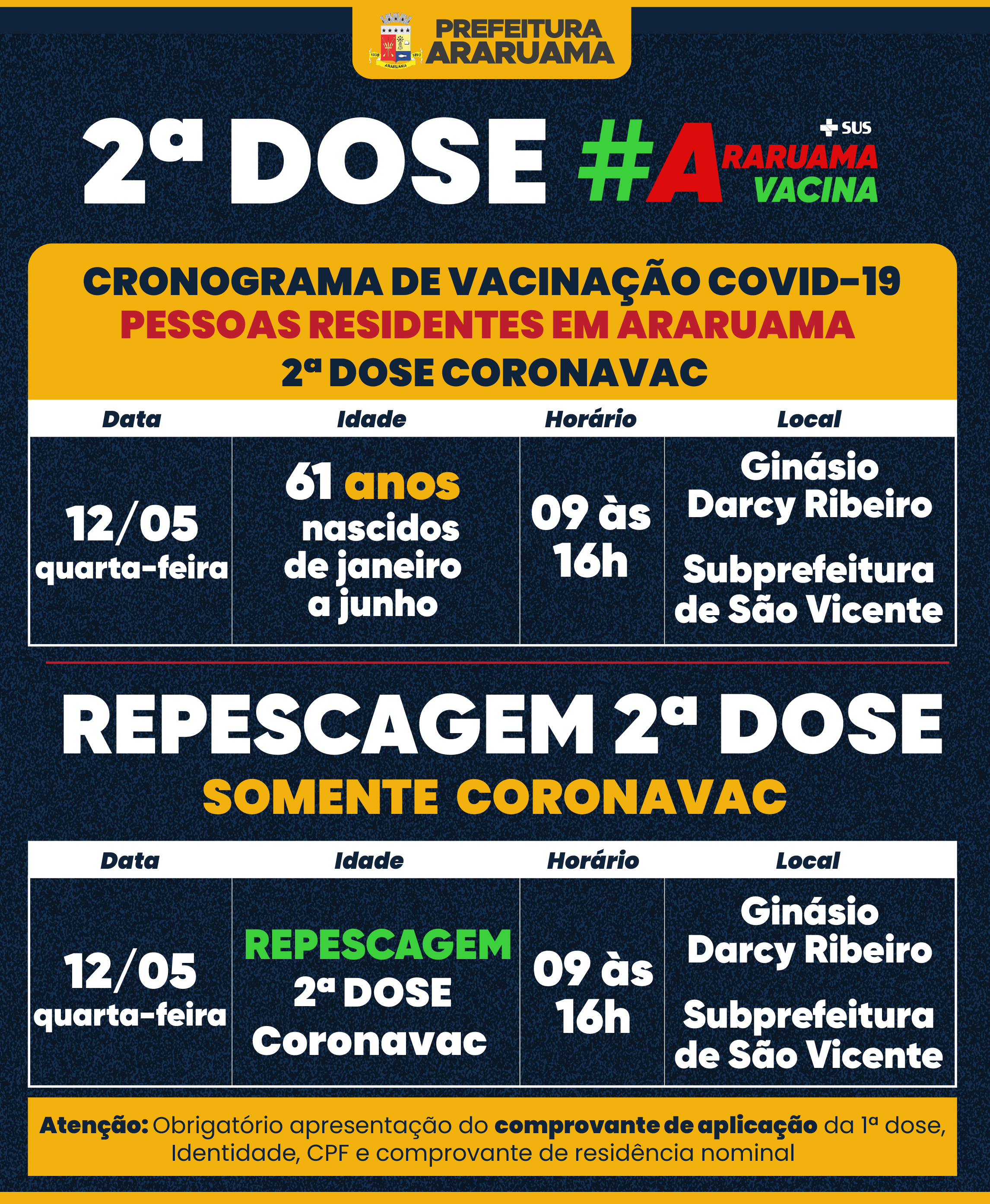 Calendário de vacinação da segunda dose e repescagem da Coronavac