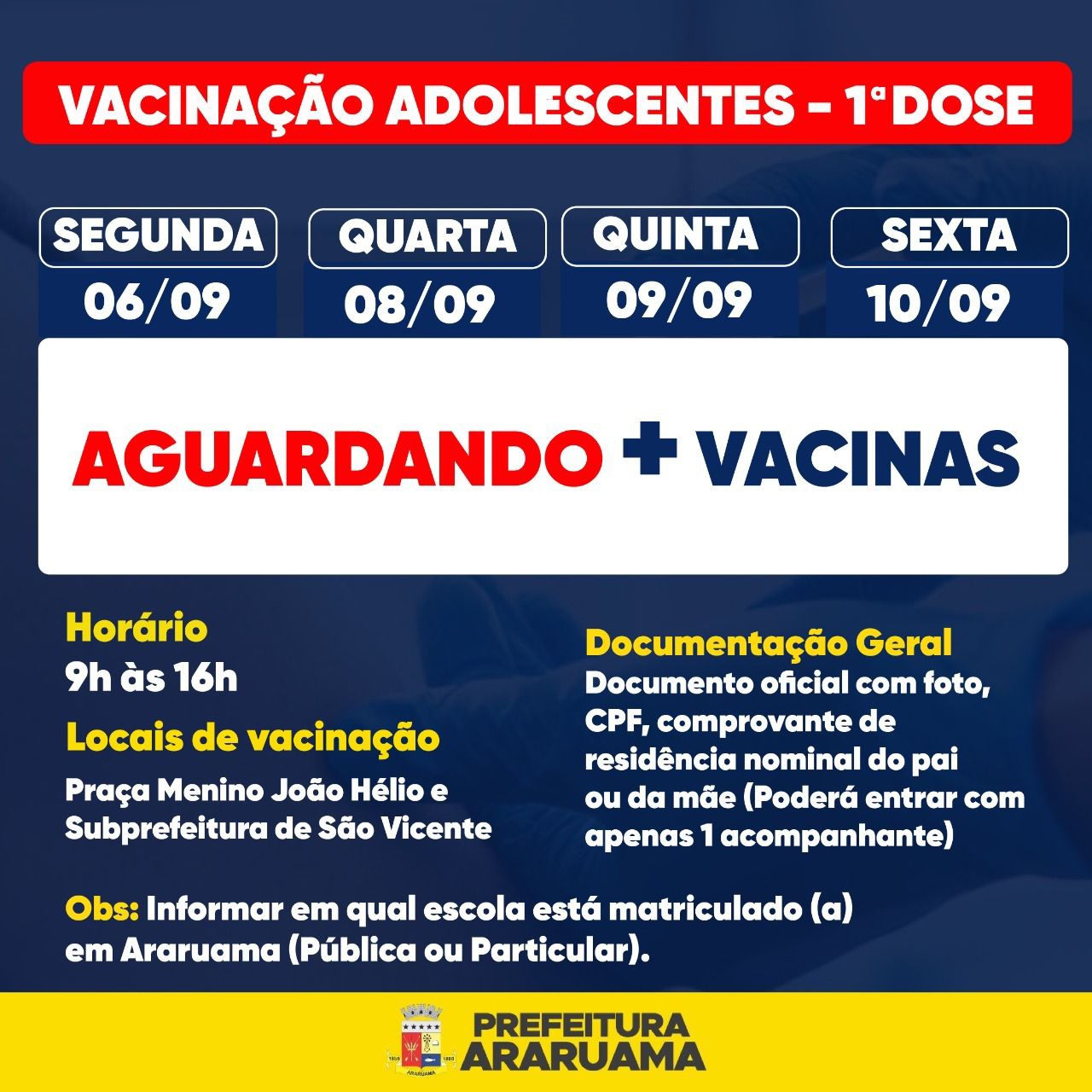Prefeitura aguarda envio de vacinas da Pfizer pelo Ministério da Saúde para prosseguir com imunização de adolescentes