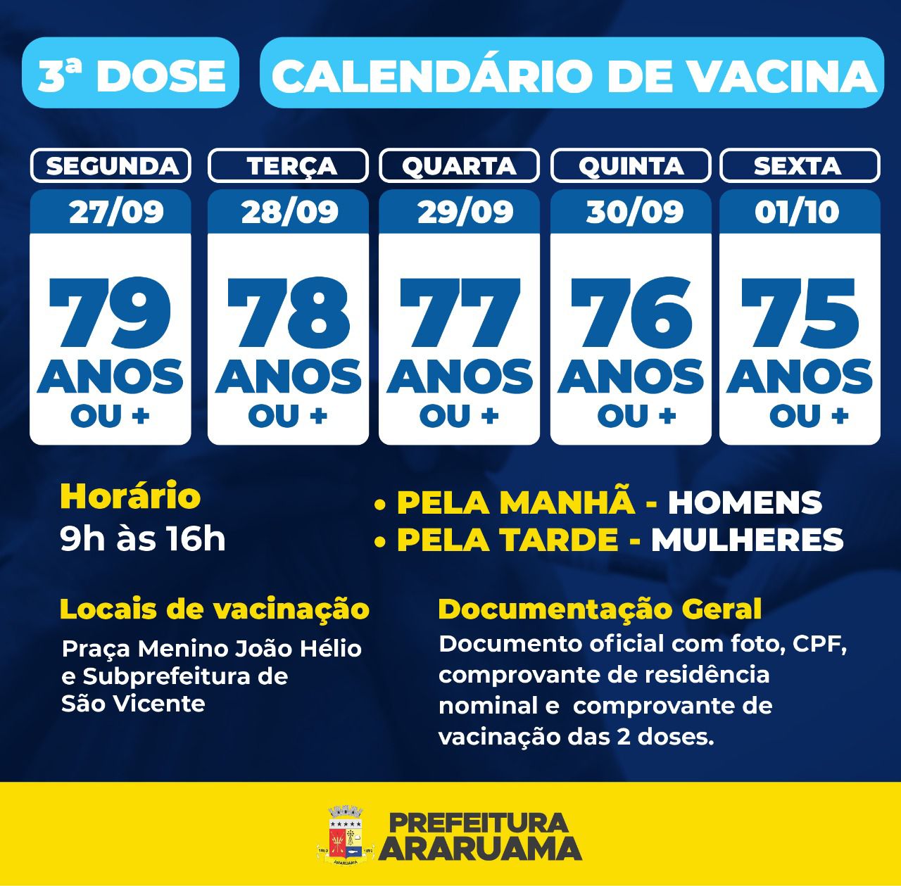 Calendário de Vacinação da terceira dose para idosos a partir de 75 anos  (é preciso ter tomado a segunda dose há 6 meses)