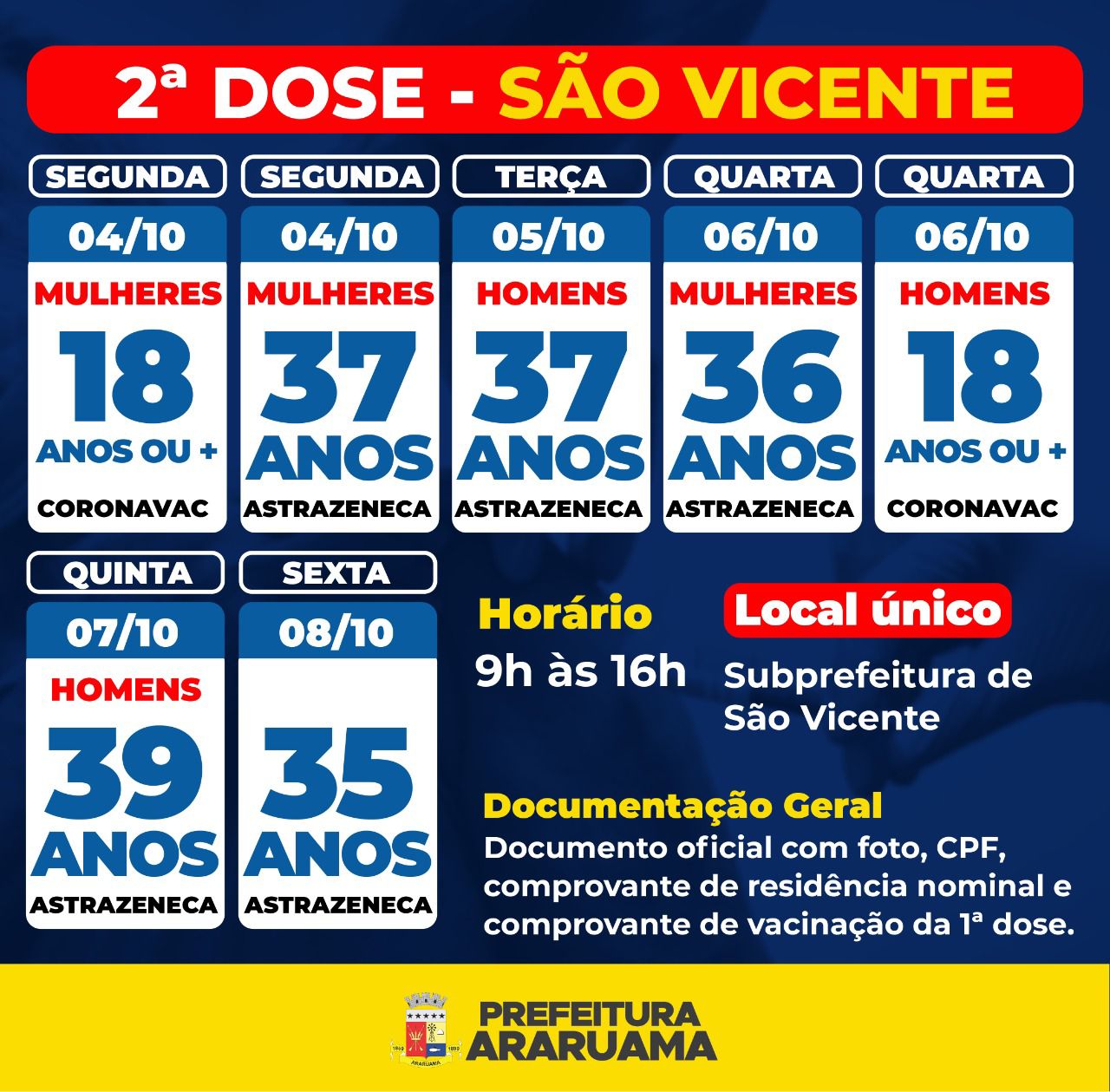 Calendário de vacinação da segunda dose para os moradores de São Vicente