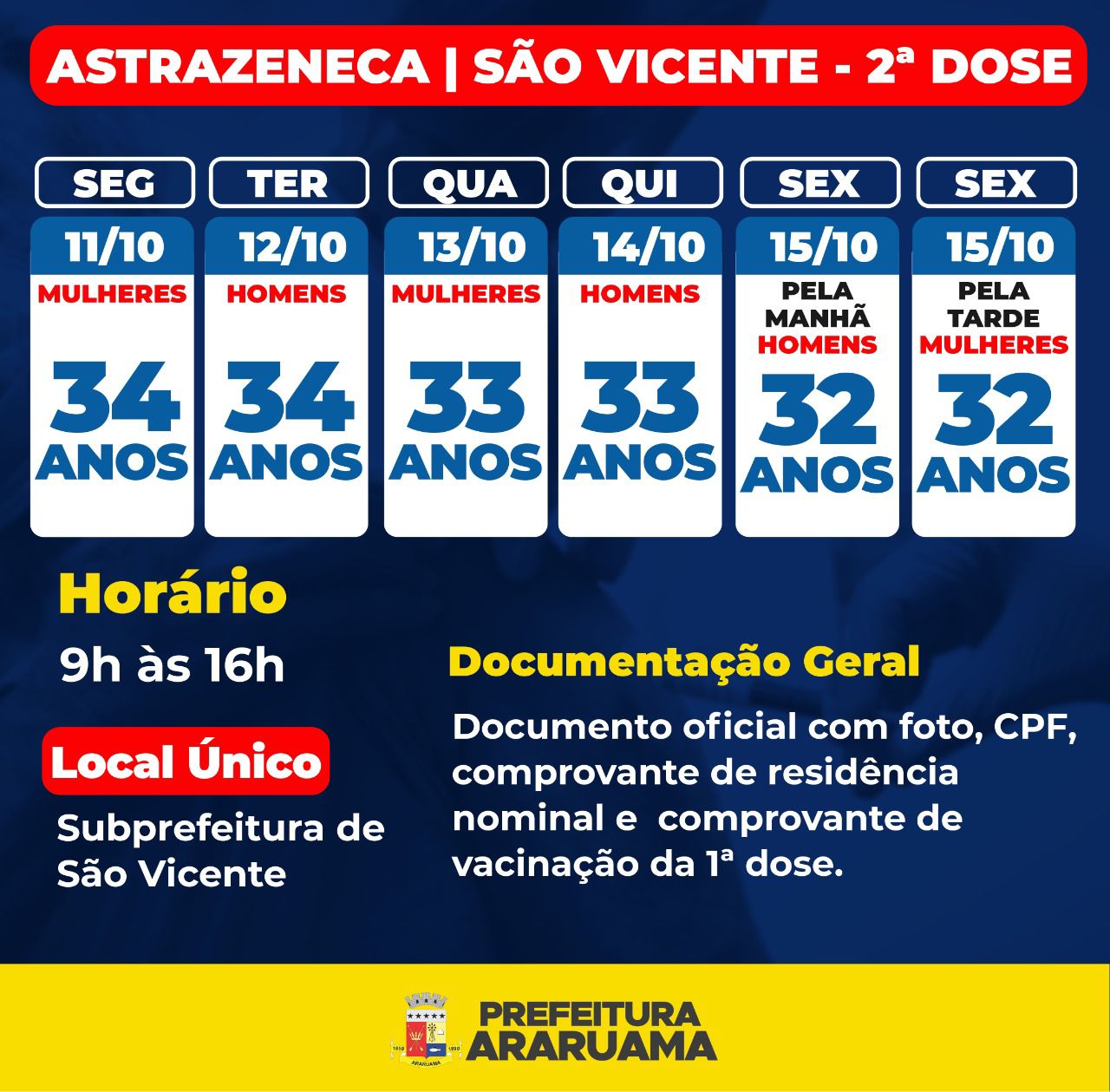 Calendário de vacinação da segunda dose para moradores de São Vicente, de 32 a 34 anos