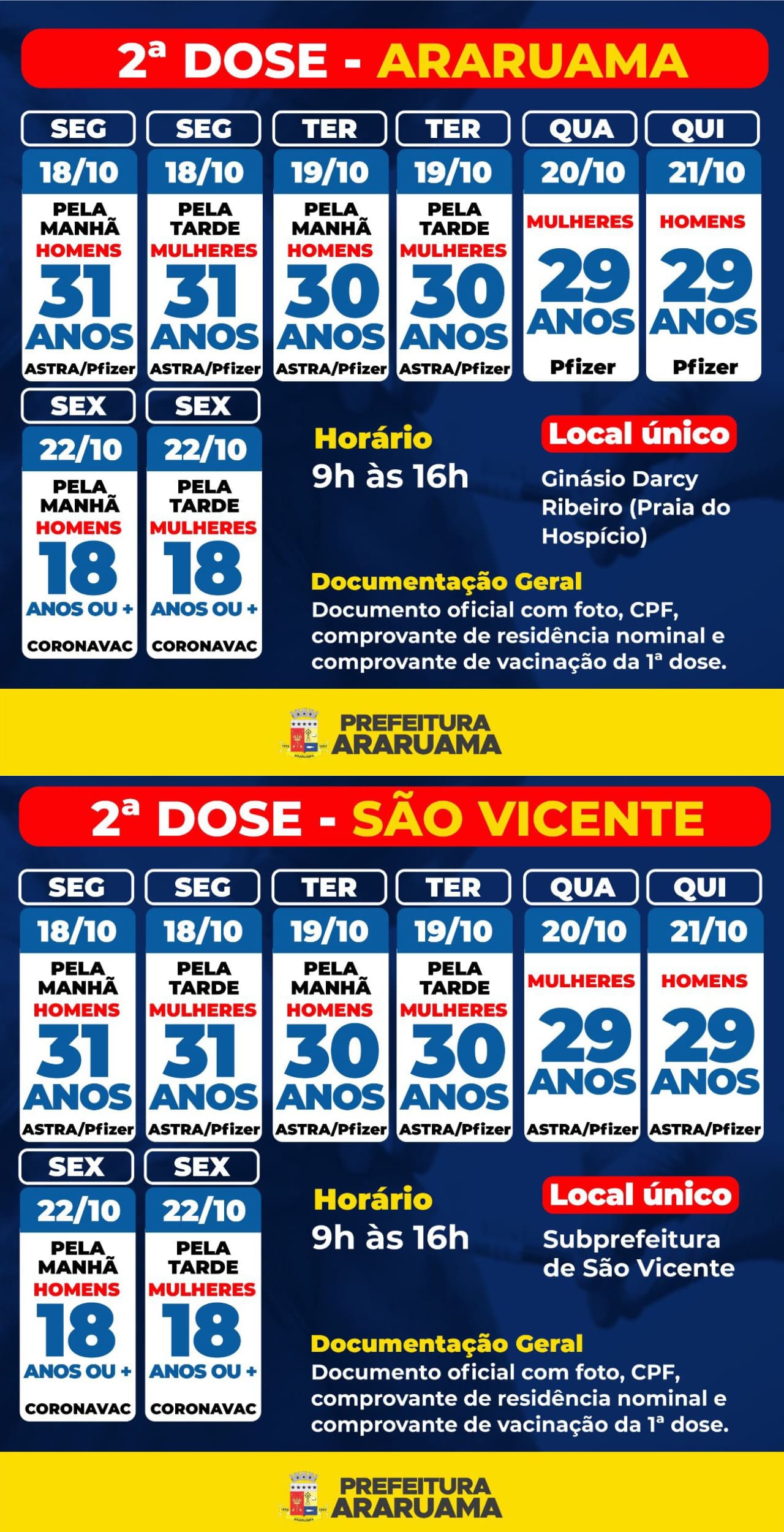 Calendário de vacinação da segunda dose para moradores de Araruama e São Vicente