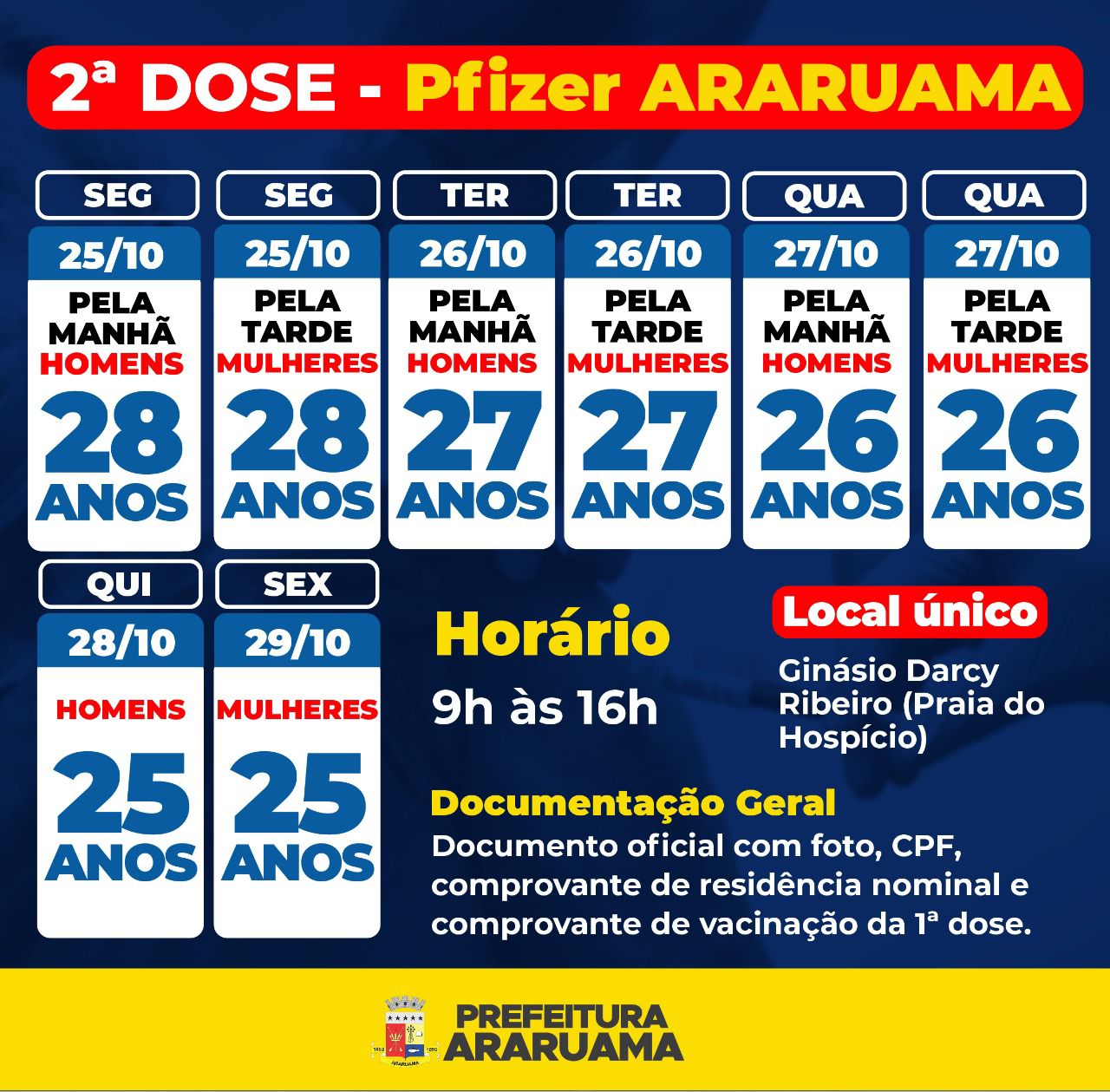Calendário de vacinação da segunda dose para moradores de Araruama