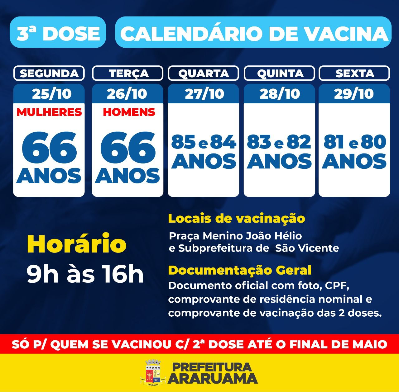 Calendário de vacinação da terceira dose para pessoas de 66 anos e de 80 a 85 anos (que tomaram a segunda dose até o fim de maio)