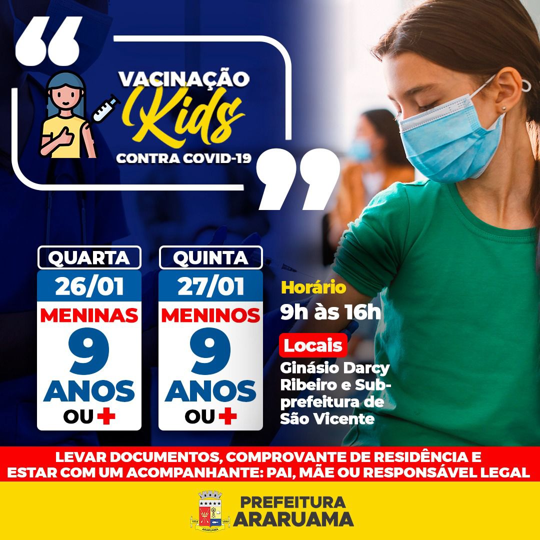 Prefeitura de Araruama vai vacinar crianças de 9 anos ou mais contra a Covid-19