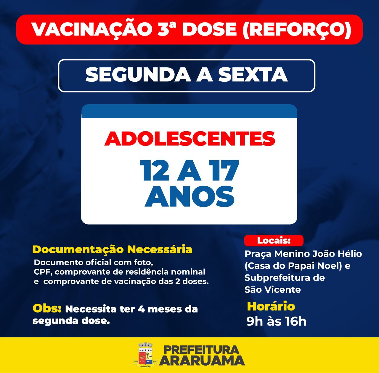 Prefeitura de Araruama vacina adolescentes de 12 a 17 anos com a terceira dose contra a COVID-19