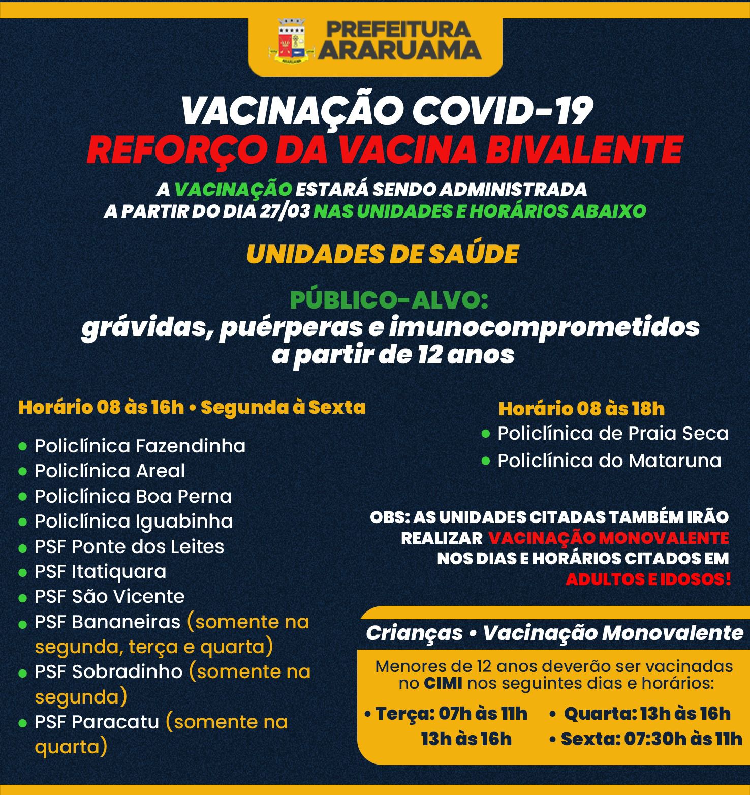 Prefeitura de Araruama vai vacinar gestantes, puérperas e imunocomprometidos a partir de 12 anos com a vacina bivalente contra a COVID-19 a partir da próxima segunda-feira