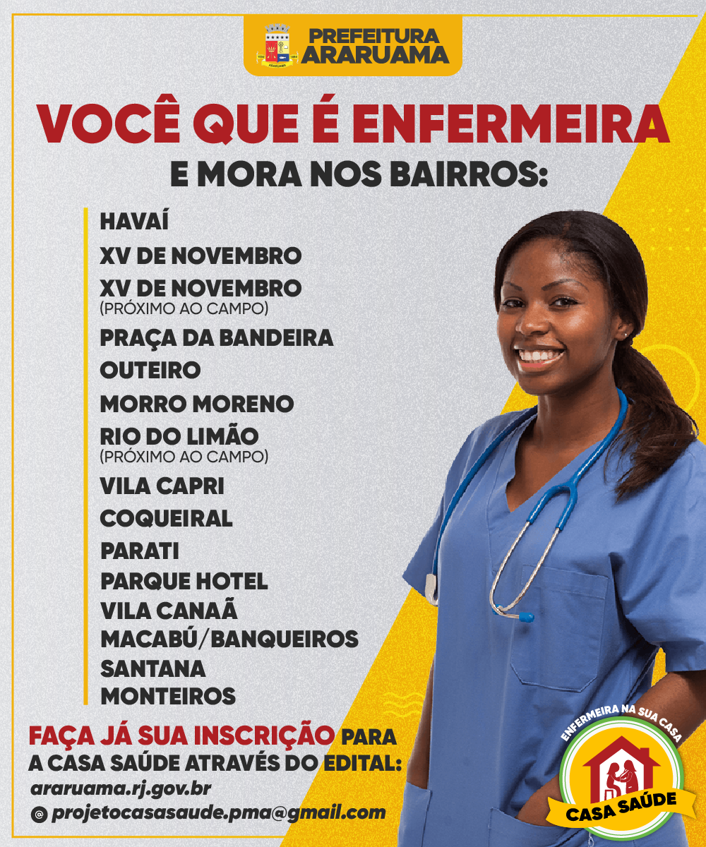 Prefeitura de Araruama abre inscrições para Enfermeiras participarem do Projeto Casa Saúde