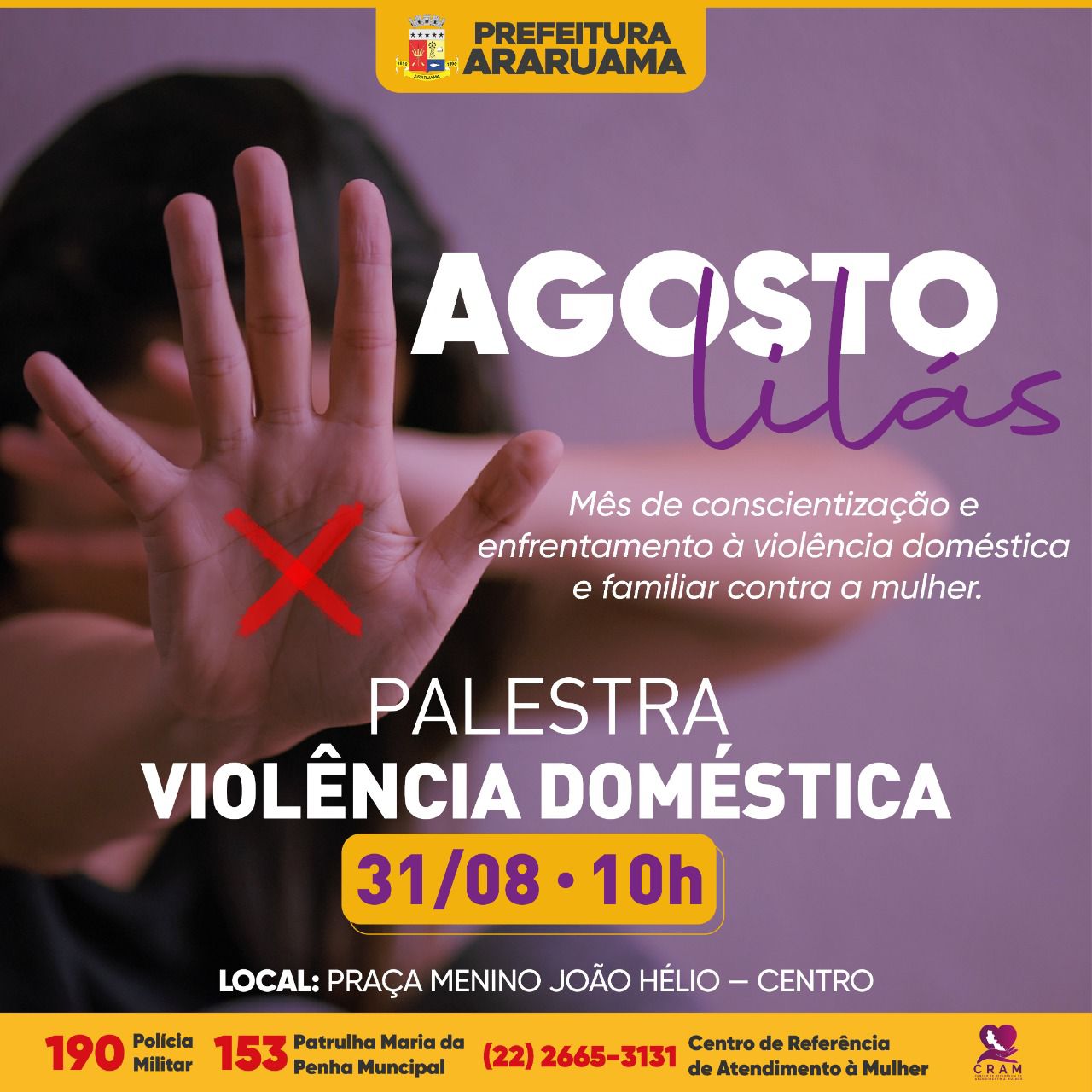 Centro de Referência de Atendimento à Mulher de Araruama vai realizar palestra sobre o enfrentamento à violência doméstica
