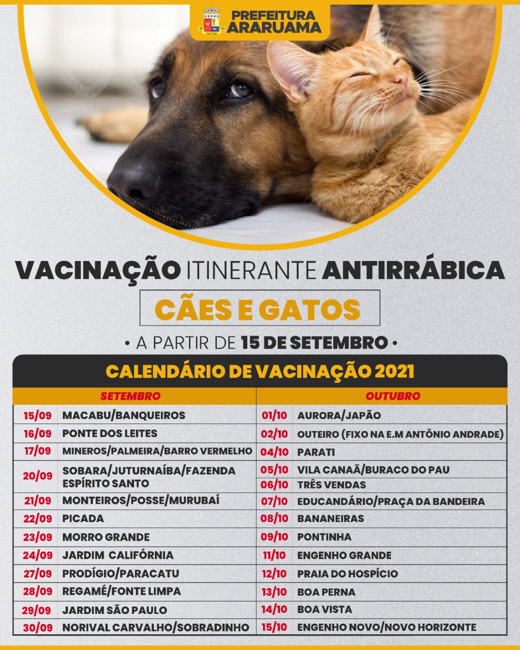 Prefeitura de Araruama vai realizar campanha de vacinação antirrábica itinerante no município