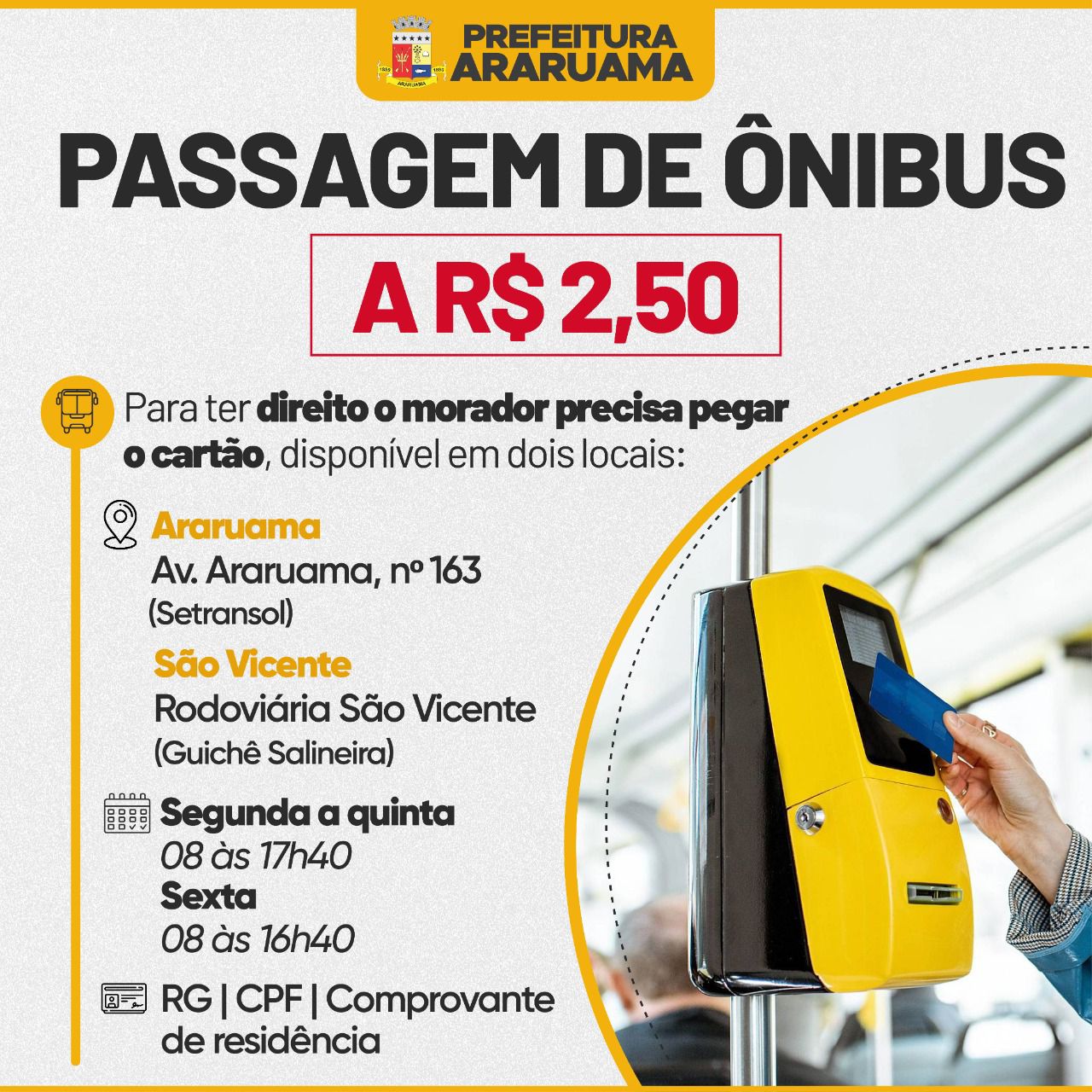 Prefeitura de Araruama implanta subsídio e passagem de ônibus passa a valer R$2,50