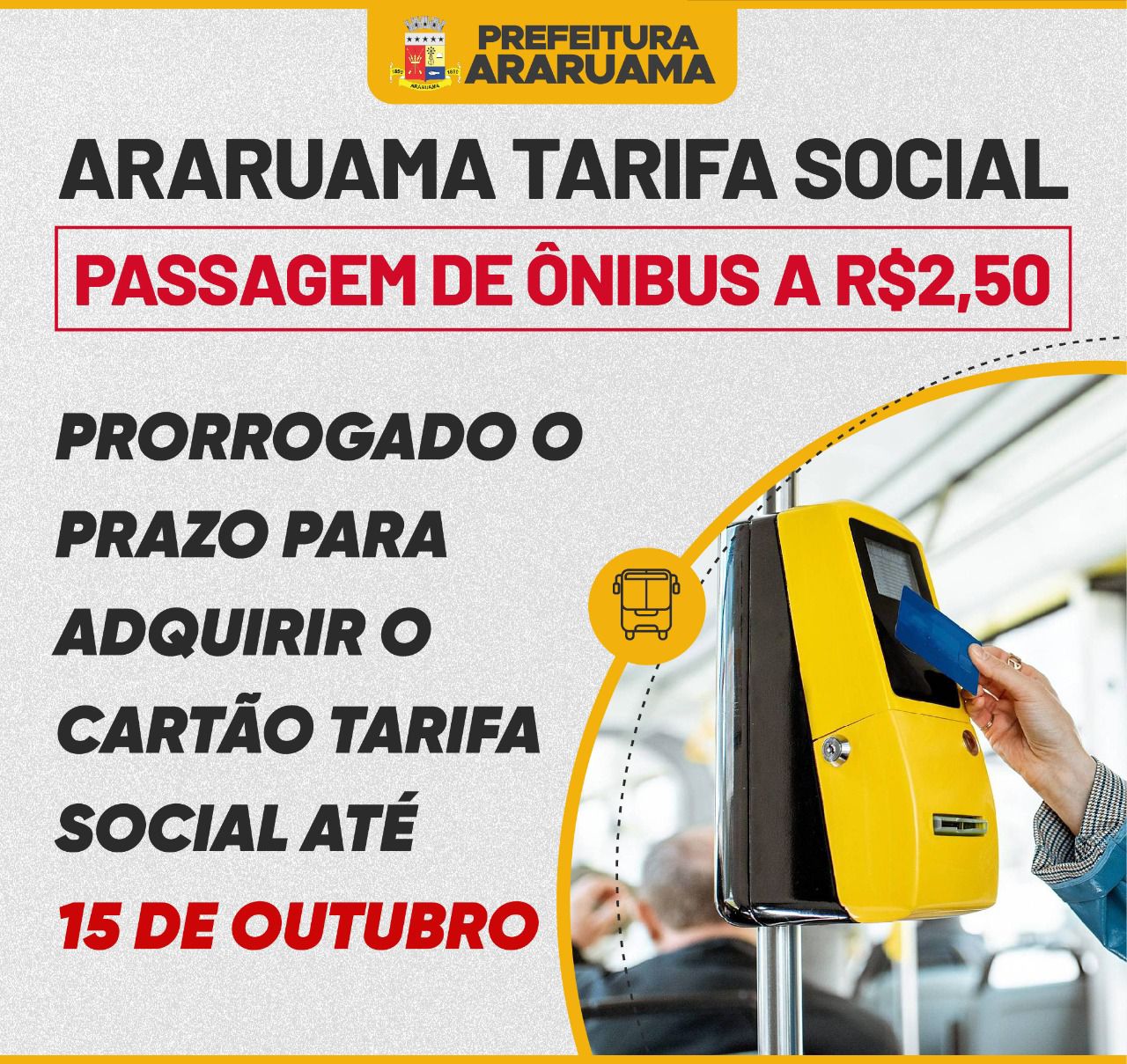 Prefeitura prorroga o prazo para morador adquirir o cartão “Araruama Tarifa Social”, com passagem de ônibus a R$2,50