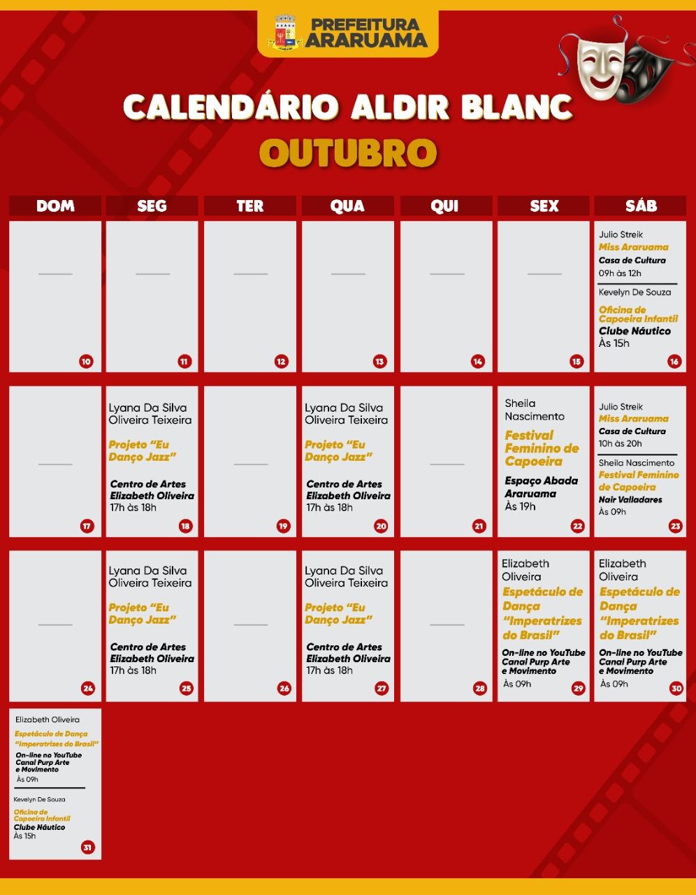 Calendário de apresentações culturais da segunda quinzena de outubro dos artistas contemplados pela lei federal Aldir Blanc