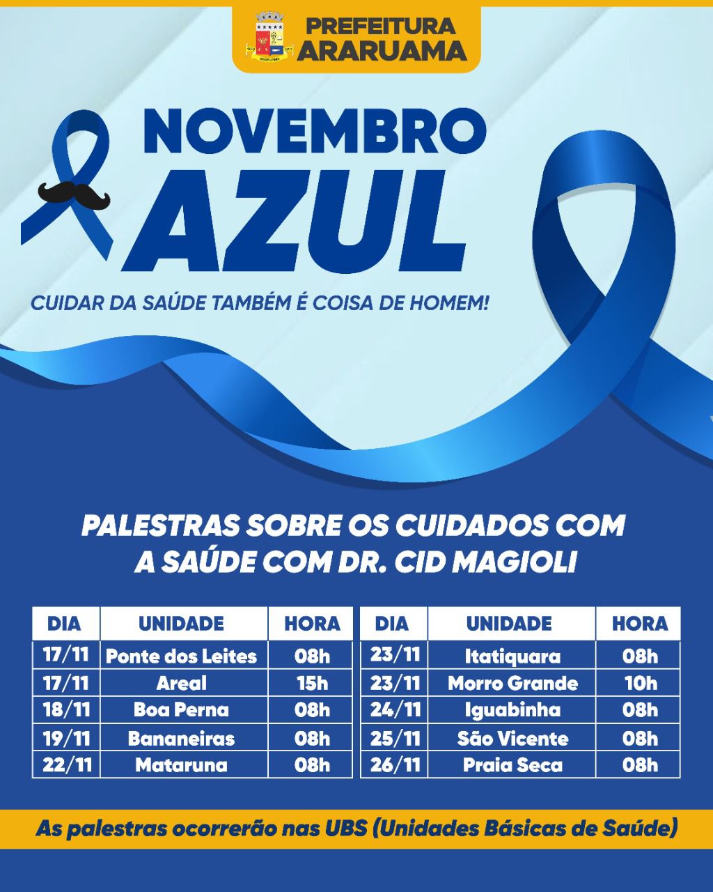 Prefeitura de Araruama vai realizar palestras para conscientizar sobre a saúde do homem durante  o Novembro Azul