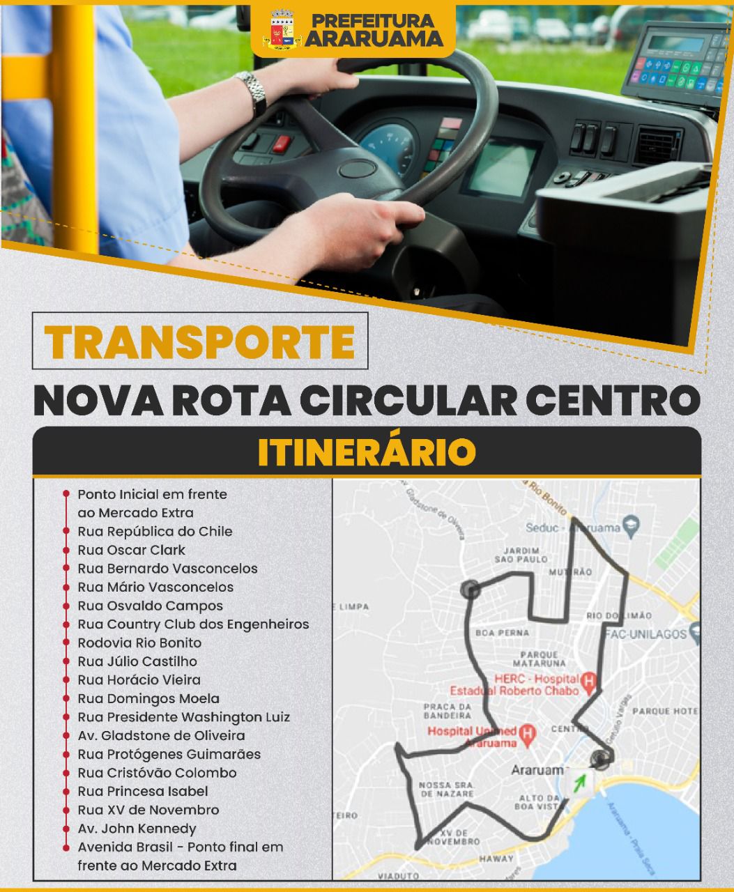 Transporte público- Acompanhe a nova rota do ônibus Circular Centro de Araruama