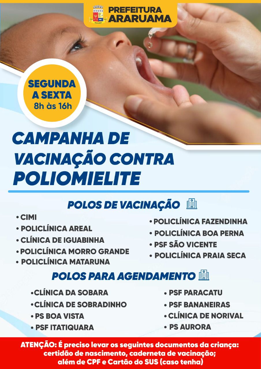 Prefeitura inicia nessa segunda-feira a vacinação diária contra a Poliomielite (Paralisia Infantil) em crianças de 2 meses a menores de 5 anos