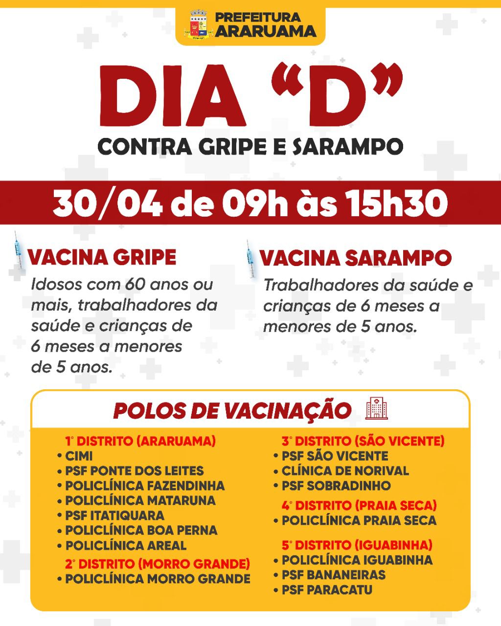Dia D de vacinação contra gripe e sarampo vai ser realizado nesse sábado, em Araruama