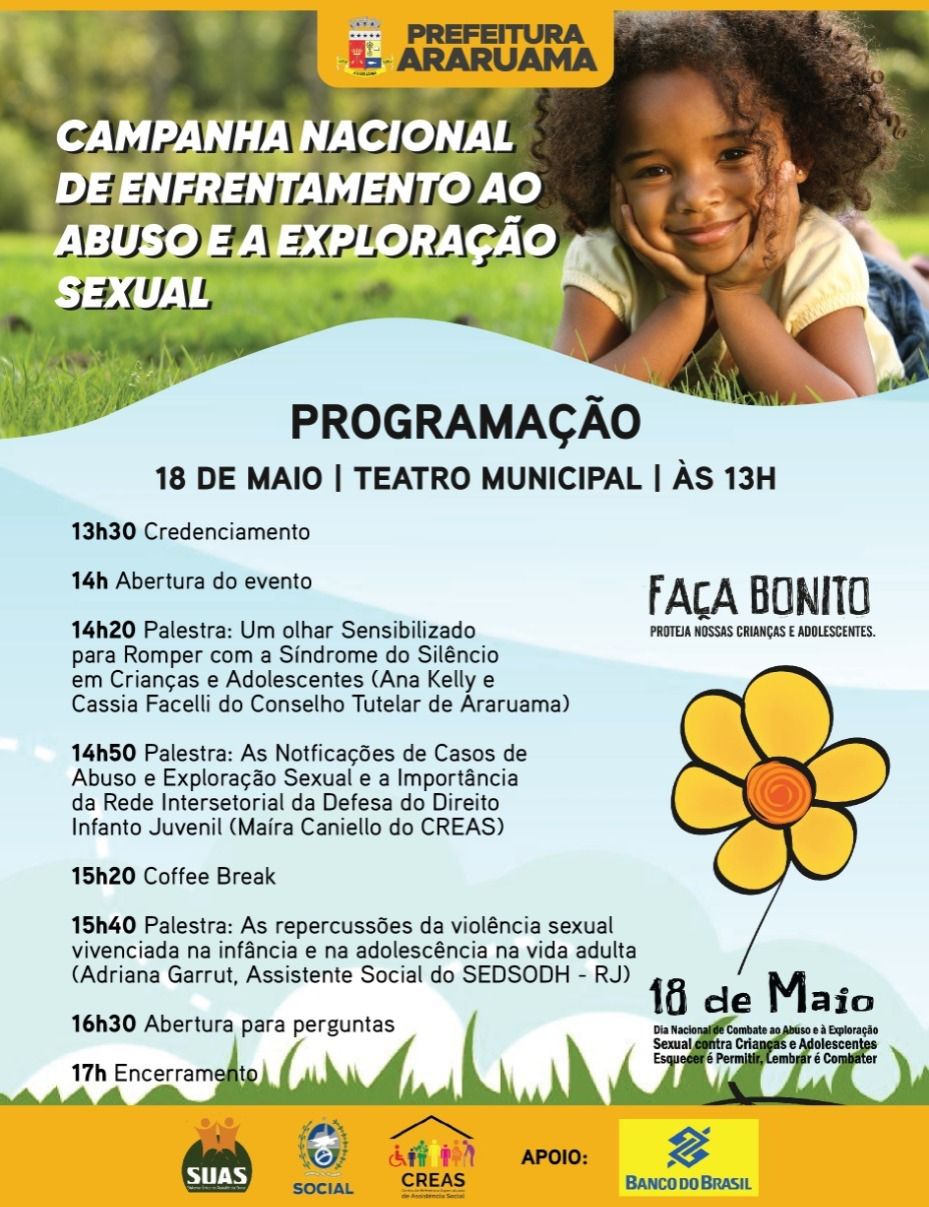 Prefeitura de Araruama vai realizar evento no Dia Nacional de Enfrentamento ao Abuso e à Exploração Sexual de Crianças e Adolescentes