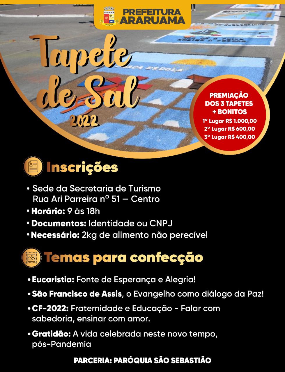 Prefeitura de Araruama abre inscrições para a confecção dos tapetes de sal em comemoração ao Corpus Christi