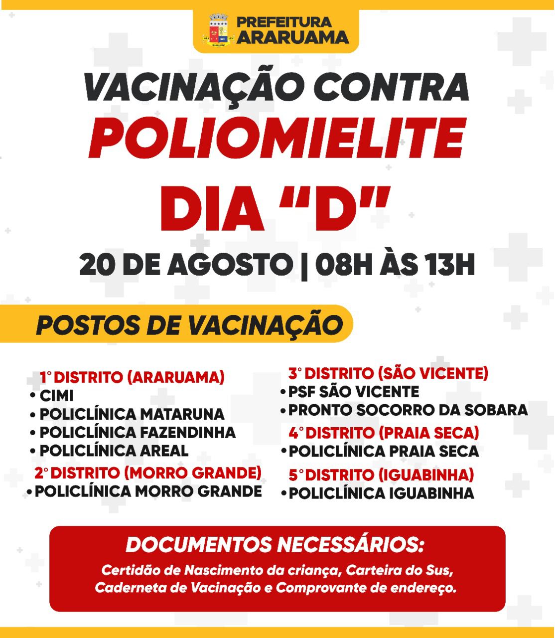 Prefeitura de Araruama vai realizar Dia D de vacinação contra a Poliomielite nesse sábado