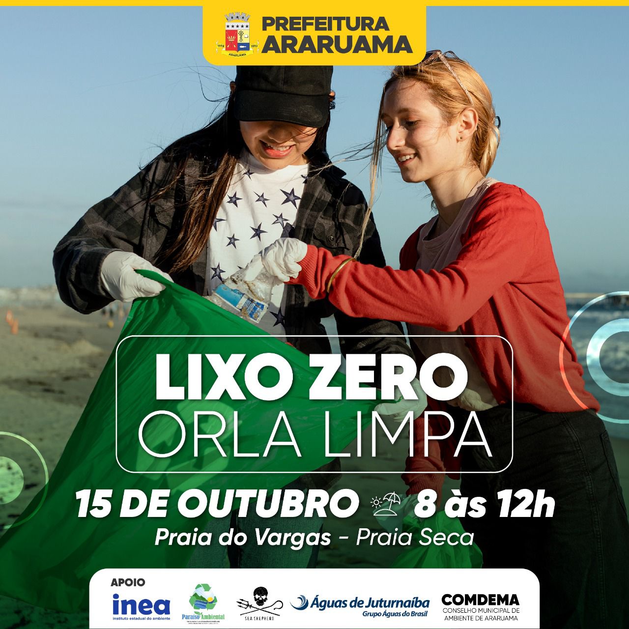 Projeto “Lixo zero, Orla limpa” vai ser realizado nesse sábado na Praia do Vargas, no distrito de Praia Seca