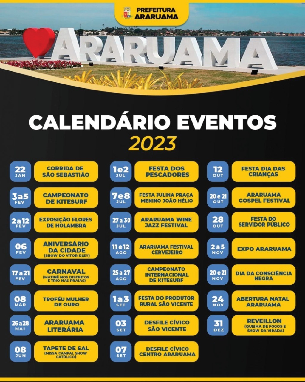 Calendário 2023 de Eventos culturais, esportivos e turísticos da cidade