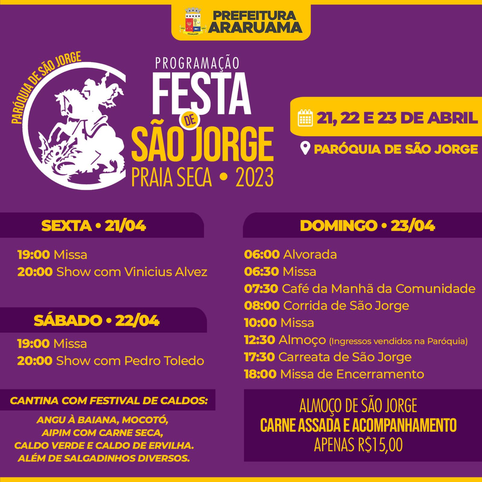 Prefeitura de Araruama e Paróquia de São Jorge vão realizar a tradicional “Festa de São Jorge” no Distrito de Praia Seca