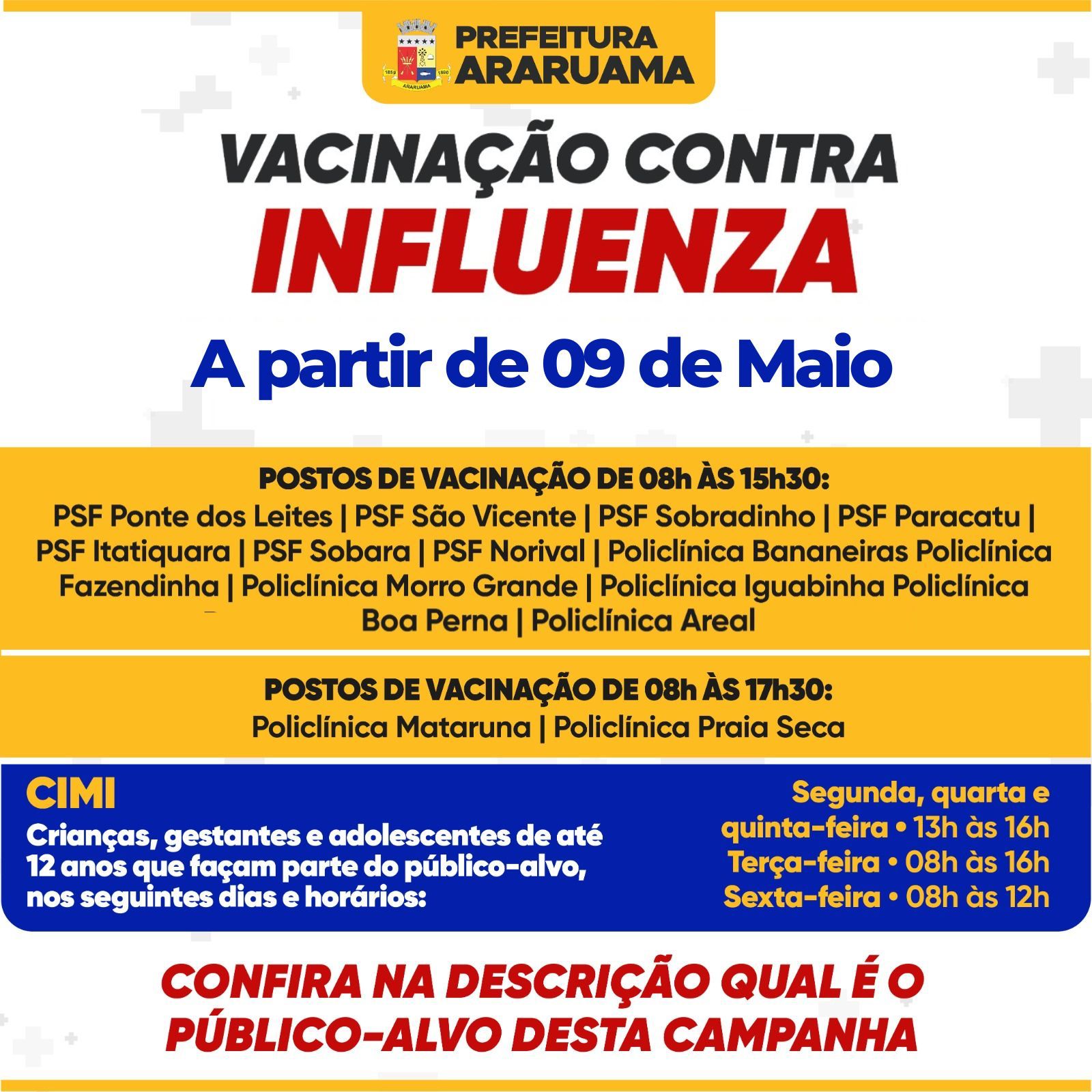 Prefeitura de Araruama inicia hoje vacinação contra a gripe para pessoas a partir dos 06 meses de idade