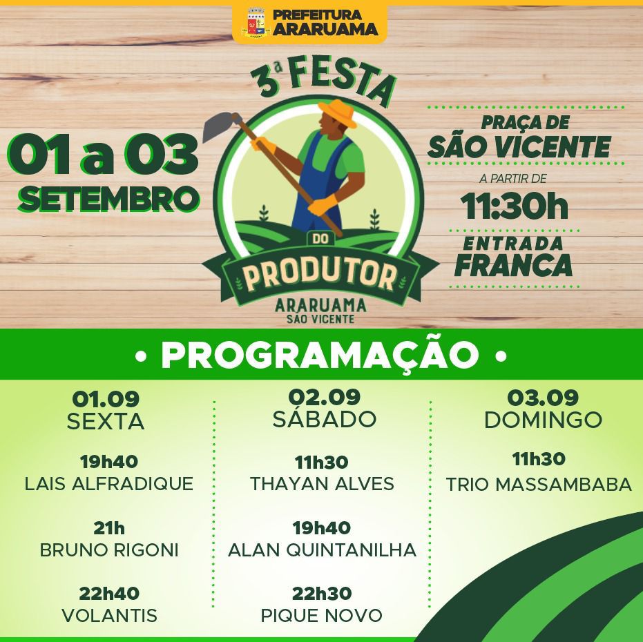 Prefeitura de Araruama vai realizar a “3ª Festa do Produtor” em São Vicente, incentivando os produtores e potencializando a agricultura familiar