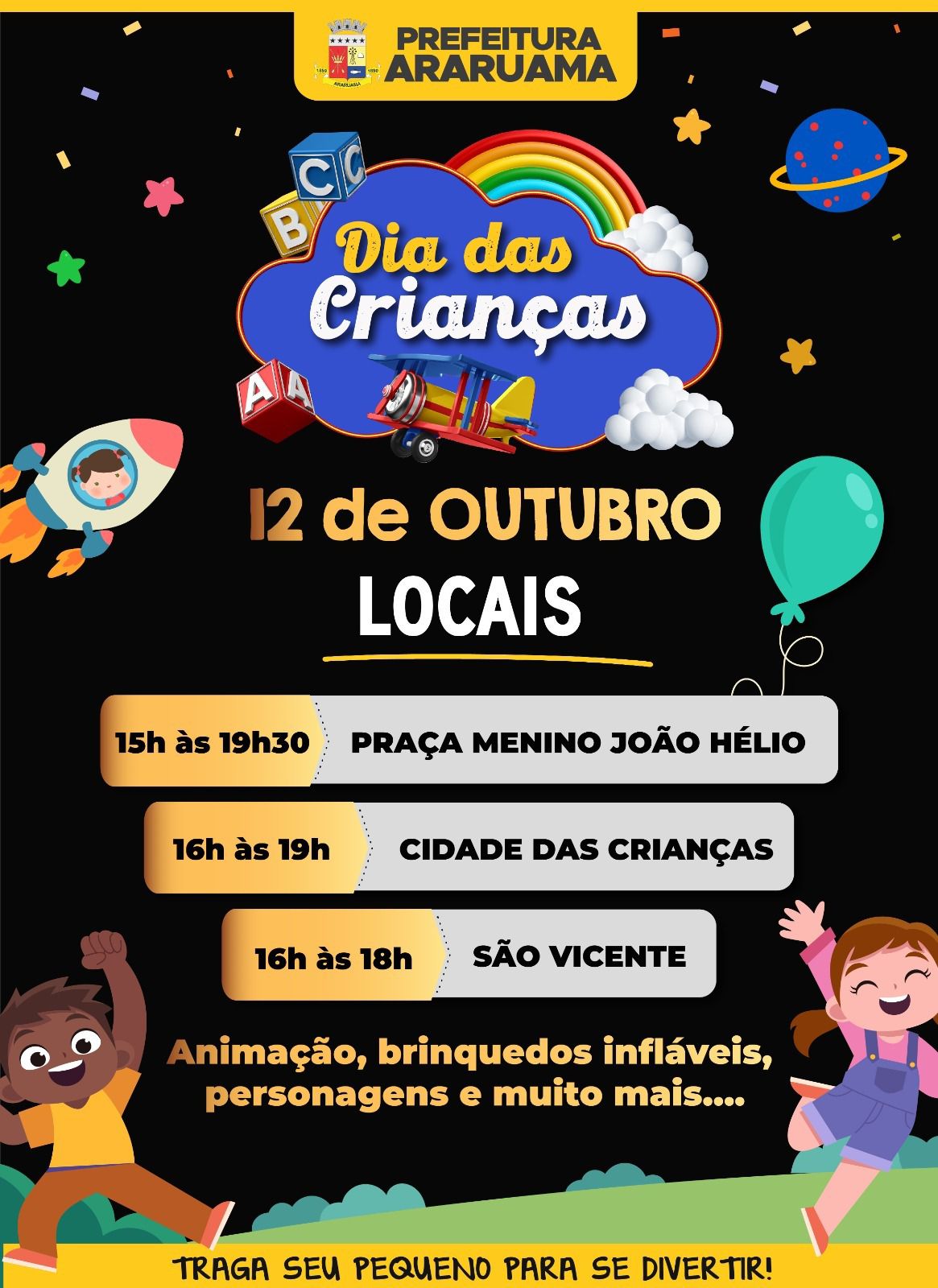 Prefeitura vai realizar três eventos para comemorar o Dia das Crianças em Araruama