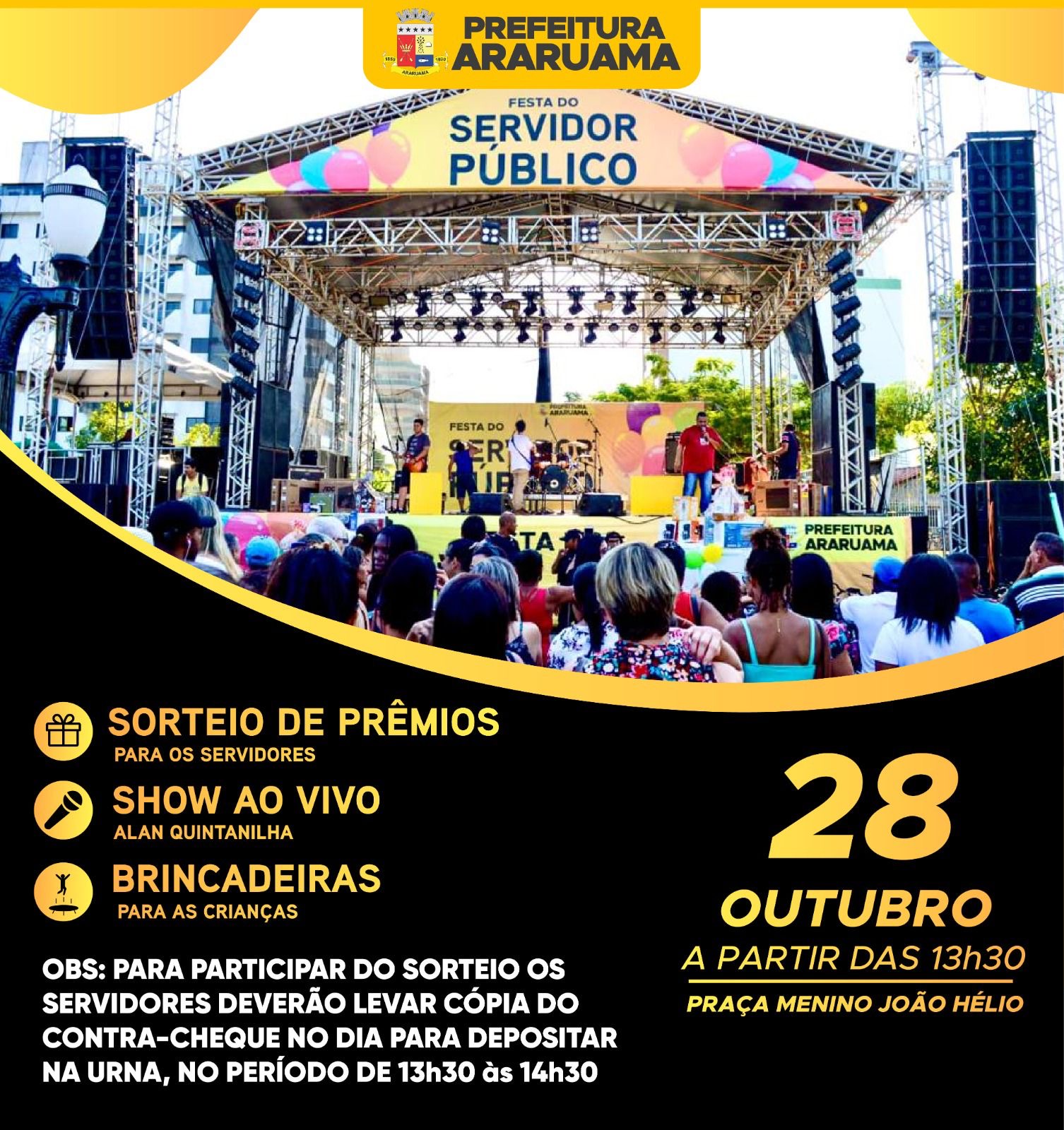 Prefeitura de Araruama vai realizar a tradicional Festa do Servidor Público na Praça Menino João Hélio
