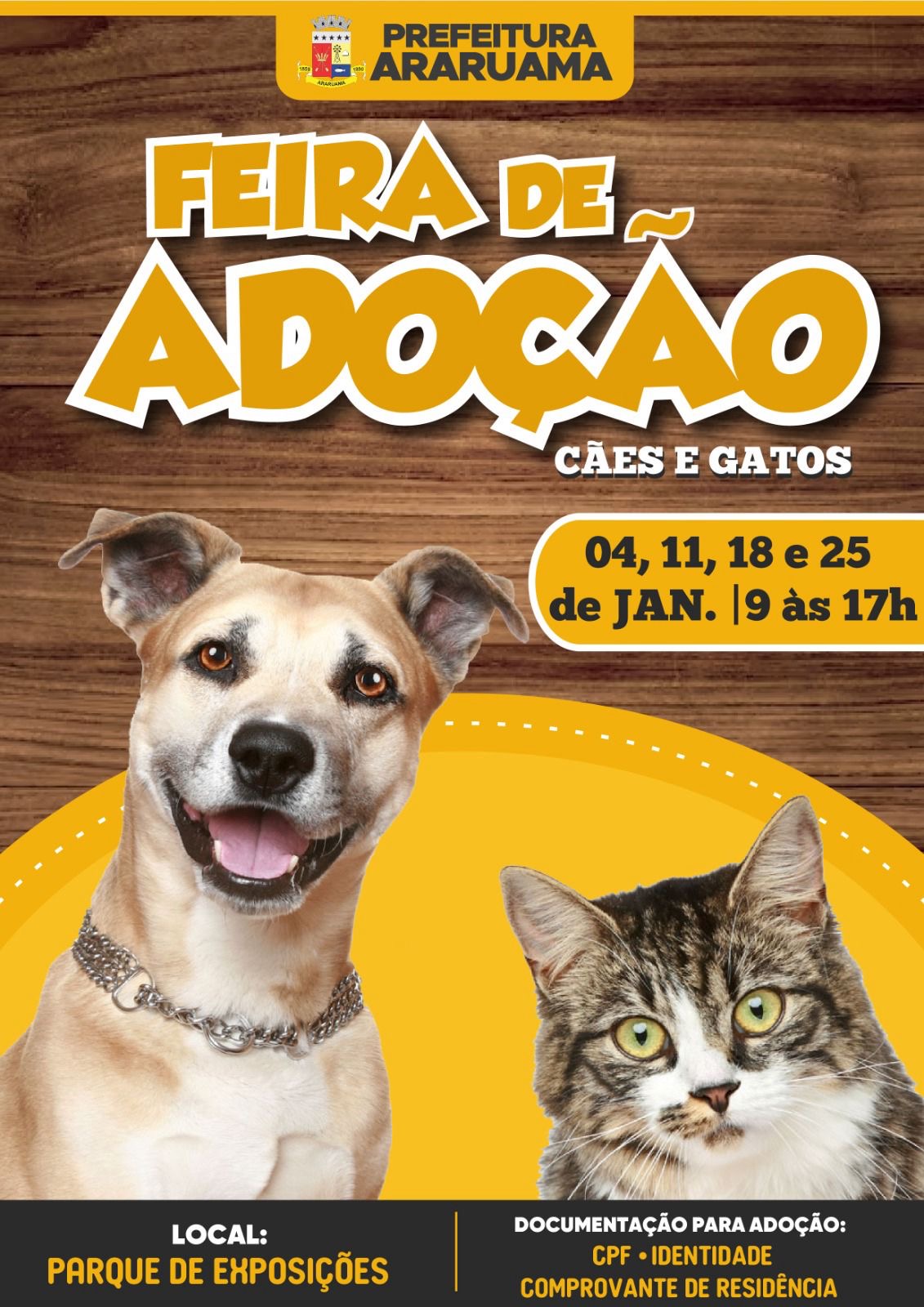 Prefeitura de Araruama vai realizar a Feira de Adoção de Animais no mês de janeiro no Parque de Exposições
