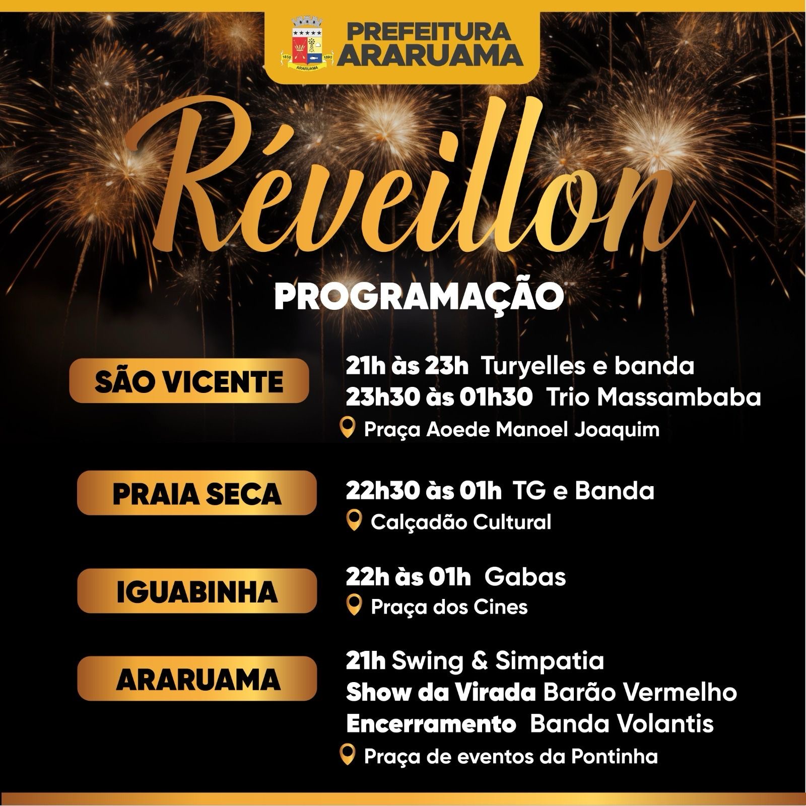 Araruama vai comemorar o Réveillon 2024   no centro e nos distritos de São Vicente, Praia Seca e Iguabinha