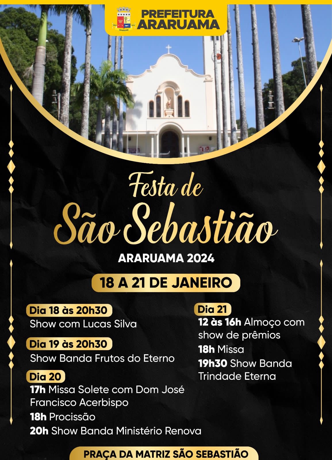Festa de São Sebastião 2024 será marcada por procissão, missas e shows musicais em Araruama