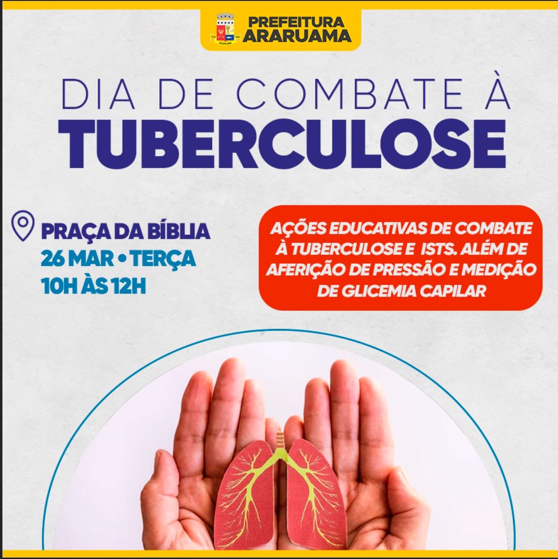 Prefeitura de Araruama vai realizar o Dia de Combate à Tuberculose, na Praça da Bíblia